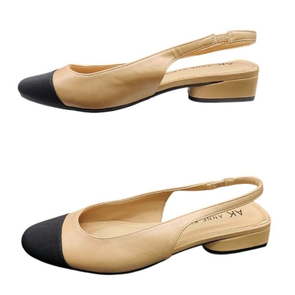 Anne Klein Akchaya Beige Black Womens 9M Slingback Cap Toe Low Block Heel Pump